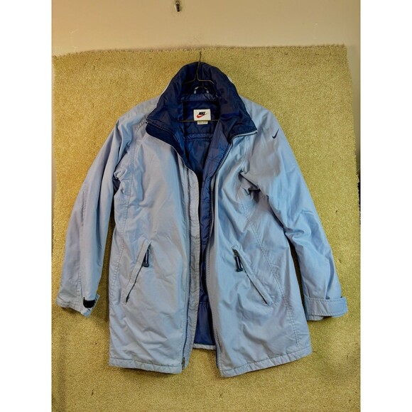 Vintage Y2K Nike Hooded Swoosh Lt Blue Zip Fleece Lined Rain Jacket Medium READ - Picture 1 of 7